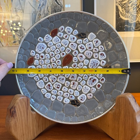 Mid Century 10” Round Mosaic Tray/ Plate Gray brown White and Leaf Tiles - Picture 6 of 11